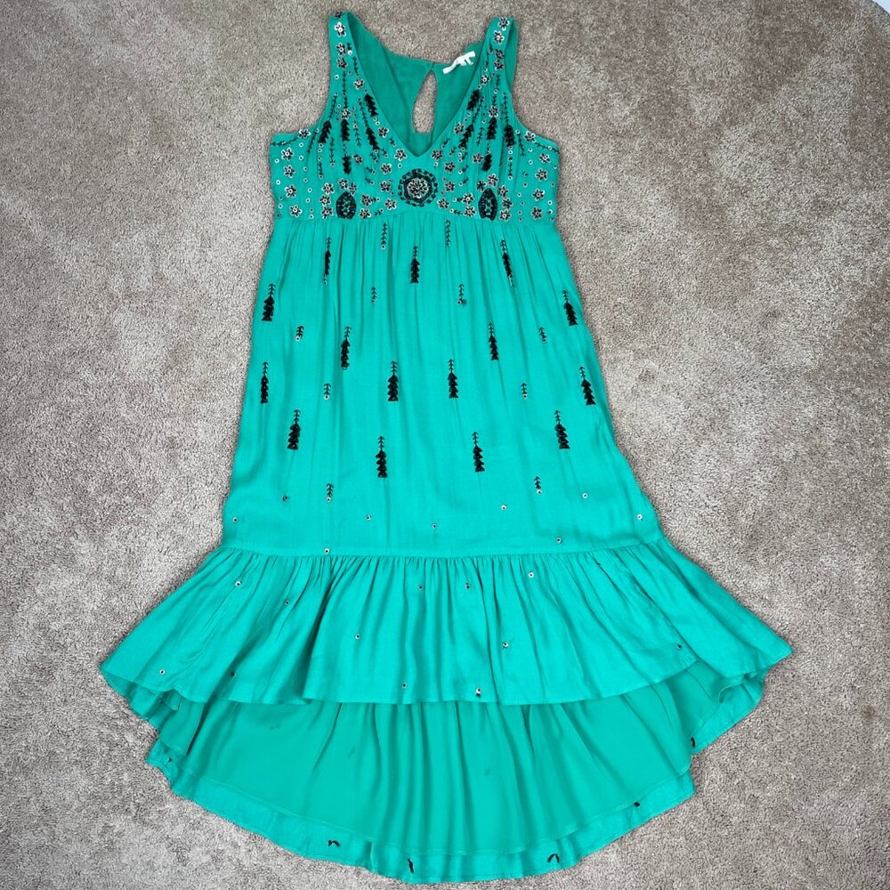 Floreat Anthropologie Ijada Dress Women 12 Green Bohemian Artsy Flowy Embroidery